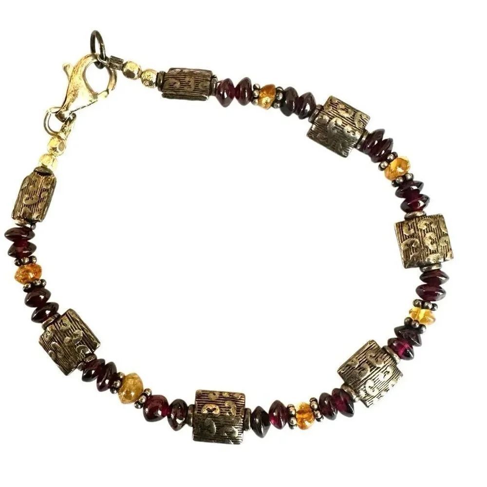 Sterling Silver Garnet & Amber Beaded Bracelet